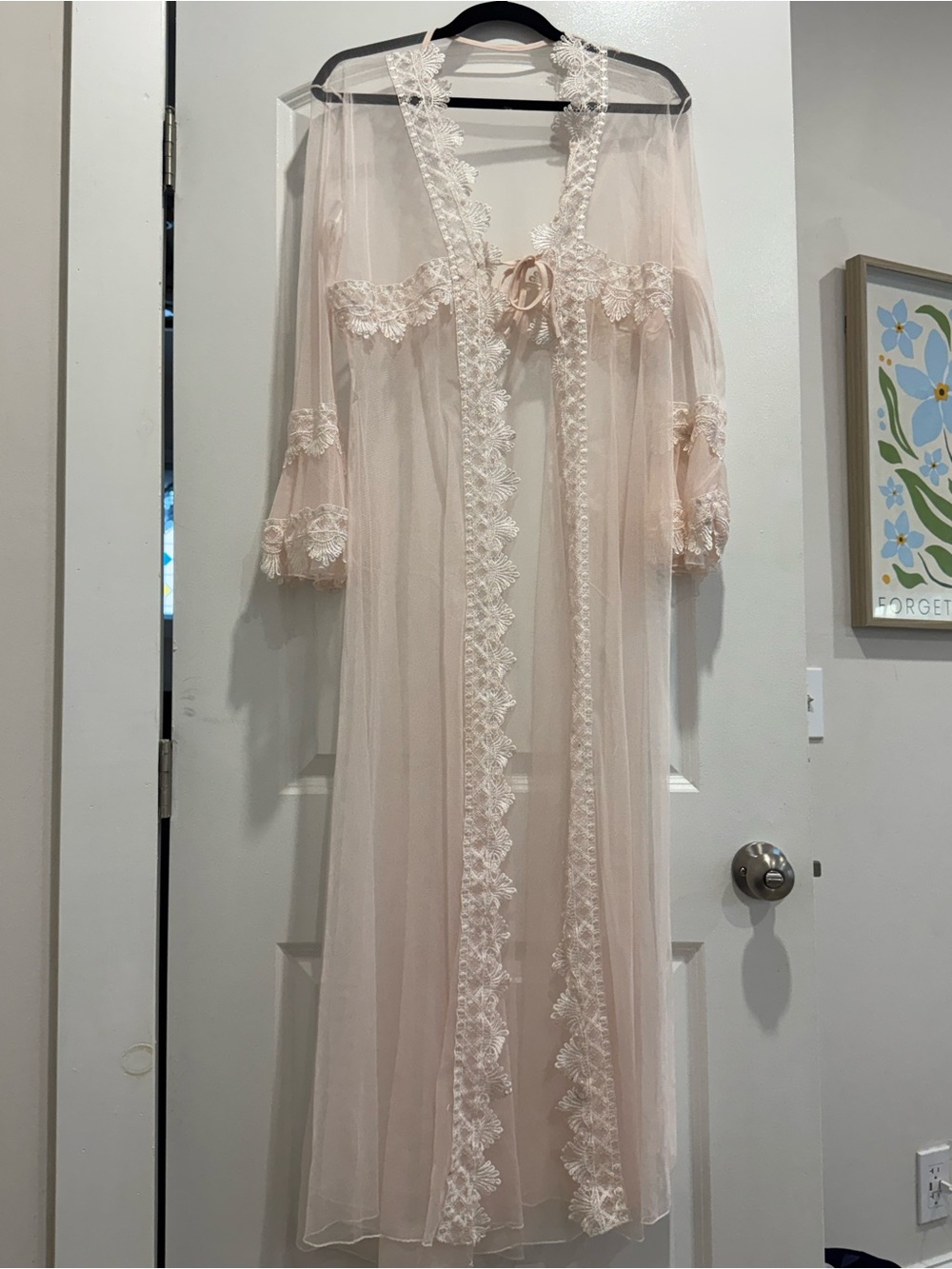 Sheer Lace-Trim Long Robe - Blush Pink